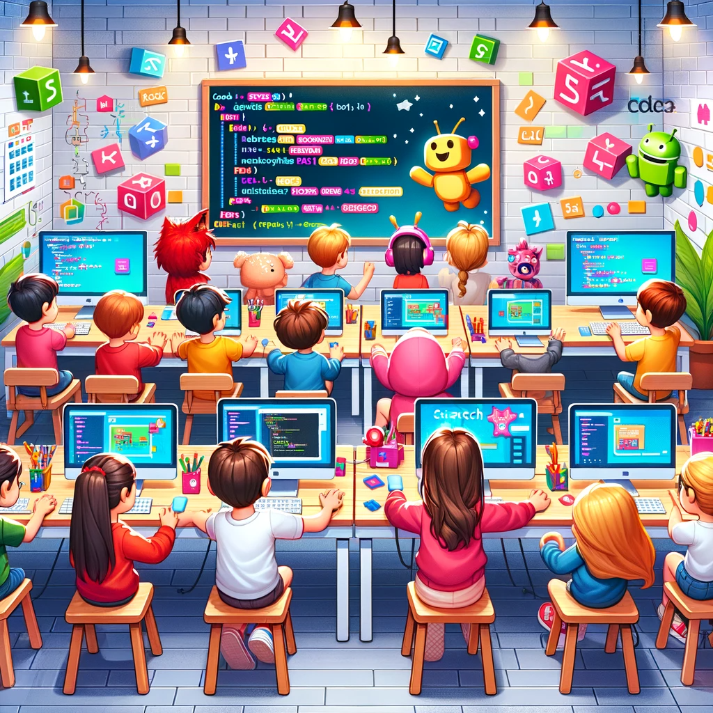 Children aged 6-14 enthusiastically learn coding in a vibrant classroom, with computers showing Roblox and Scratch, surrounded by colorful educational posters